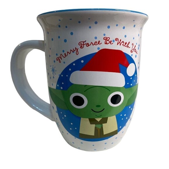 Star Wars Mandalorian Grogu Merry Force Be with You Blue Polka dot Christmas Mug - Picture 4 of 5